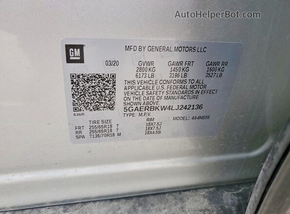 5GAERBKW4LJ242136 2020 BUICK ENCLAVE Silver Vista de la etiqueta del VIN