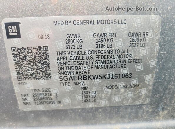 5GAERBKW5KJ161063 2019 BUICK ENCLAVE Gold VIN sticker view