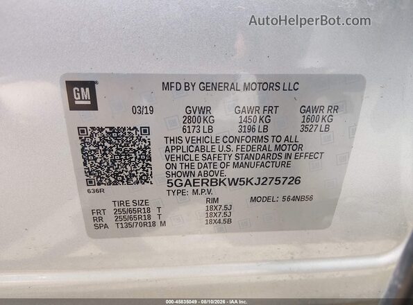 5GAERBKW5KJ275726 2019 BUICK ENCLAVE Silver Engine compartment view