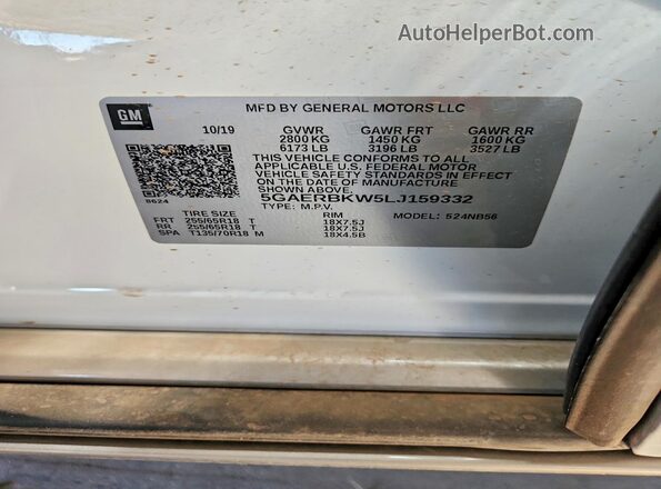 5GAERBKW5LJ159332 2020 BUICK ENCLAVE White Vista interior de 360 grados