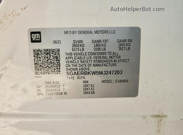 5GAERBKW5MJ247203 2021 BUICK ENCLAVE Белый Вид наклейки с VIN-кодом
