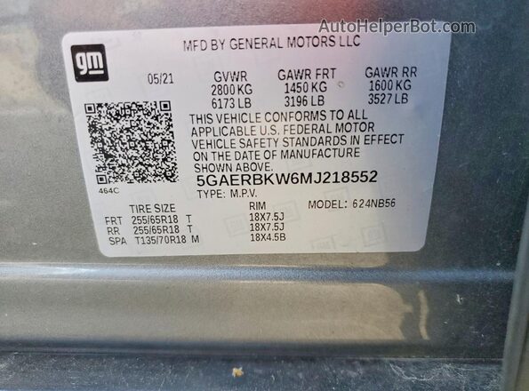 5GAERBKW6MJ218552 2021 BUICK ENCLAVE Silver VIN կոդի պիտակի տեսք