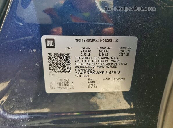 5GAERBKWXPJ193918 2023 BUICK ENCLAVE Blue VIN კოდის სტიკერის ხედი