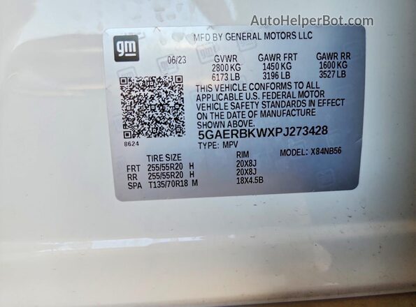 5GAERBKWXPJ273428 2023 BUICK ENCLAVE White VIN sticker view