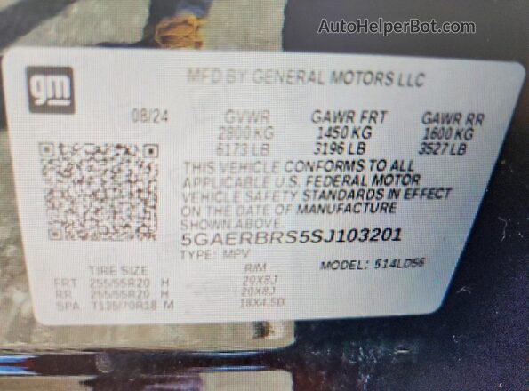 5GAERBRS5SJ103201 2025 BUICK ENCLAVE Black Vista de la etiqueta del VIN
