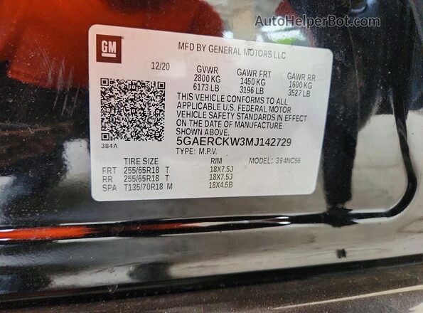 5GAERCKW3MJ142729 2021 BUICK ENCLAVE Black VIN կոդի պիտակի տեսք