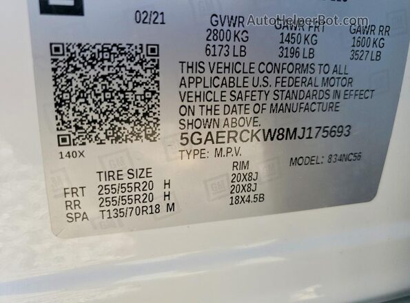 5GAERCKW8MJ175693 2021 BUICK ENCLAVE White VIN կոդի պիտակի տեսք
