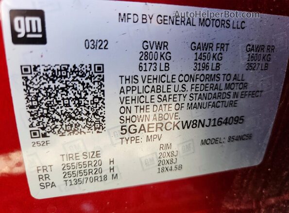 5GAERCKW8NJ164095 2022 BUICK ENCLAVE Red VIN կոդի պիտակի տեսք