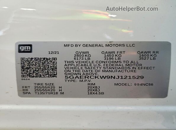 5GAERCKW9NJ121529 2022 BUICK ENCLAVE White Widok naklejki z numerem VIN