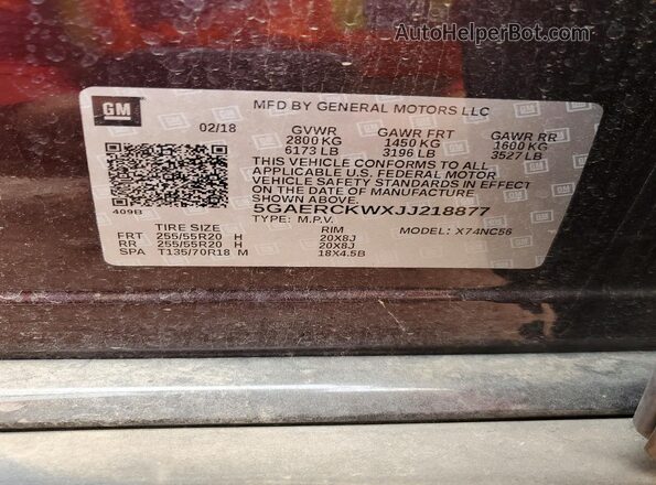 5GAERCKWXJJ218877 2018 BUICK ENCLAVE Бордовый Вид наклейки с VIN-кодом