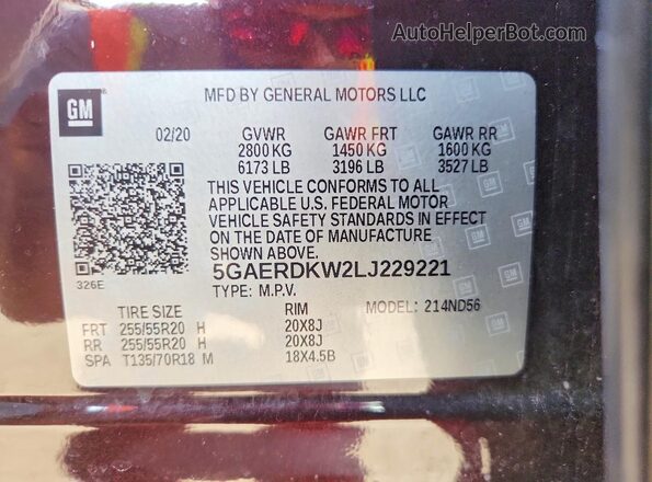 5GAERDKW2LJ229221 2020 BUICK ENCLAVE Maroon Vista interior de 360 grados