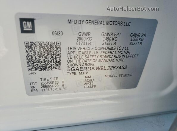 5GAERDKW9LJ267433 2020 BUICK ENCLAVE Белый Вид наклейки с VIN-кодом
