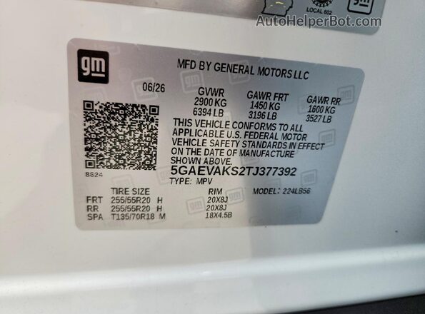 5GAEVAKS2TJ377392 2026 BUICK ENCLAVE Белый Вид наклейки с VIN-кодом