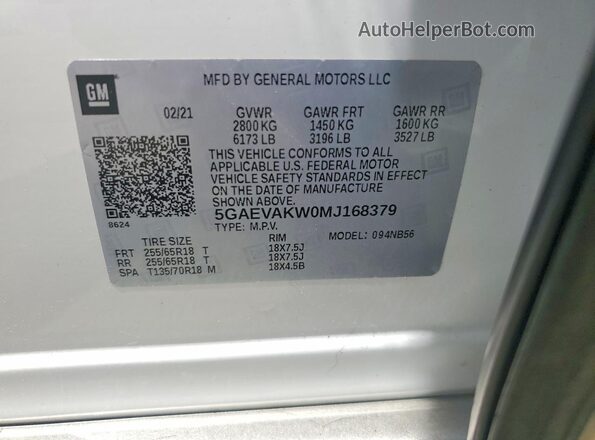 5GAEVAKW0MJ168379 2021 BUICK ENCLAVE White VIN sticker view