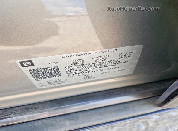5GAEVAKW2JJ229159 2018 BUICK ENCLAVE Gray VIN կոդի պիտակի տեսք