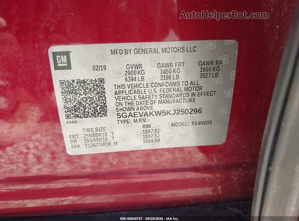 5GAEVAKW5KJ250296 2019 BUICK ENCLAVE Red Vista del compartimento del motor