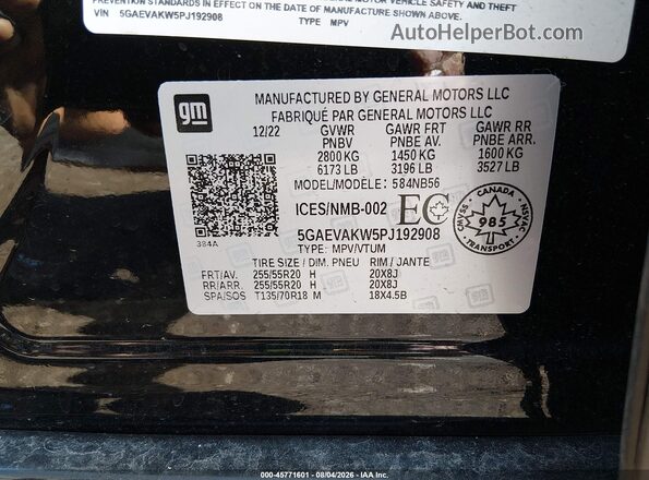 5GAEVAKW5PJ192908 2023 BUICK ENCLAVE Black Widok komory silnika