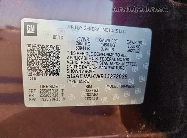 5GAEVAKW9JJ272039 2018 BUICK ENCLAVE Maroon VIN sticker view