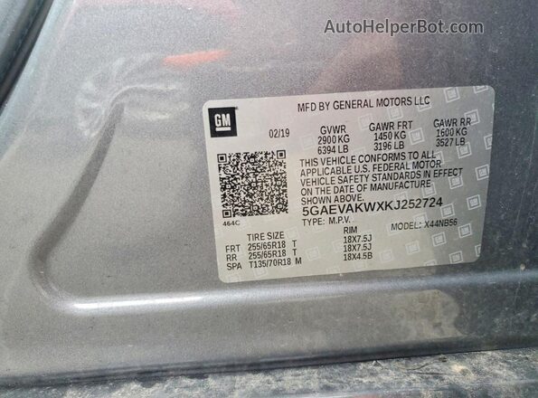 5GAEVAKWXKJ252724 2019 BUICK ENCLAVE Silver Vista de la etiqueta del VIN
