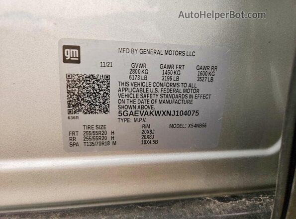 5GAEVAKWXNJ104075 2022 BUICK ENCLAVE Silver Vista interior de 360 grados