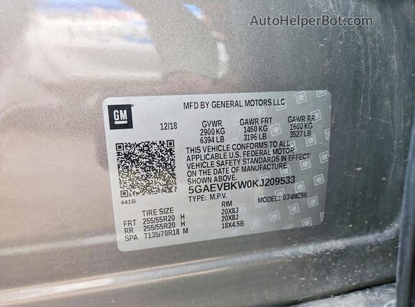5GAEVBKW0KJ209533 2019 BUICK ENCLAVE Gray VIN sticker view