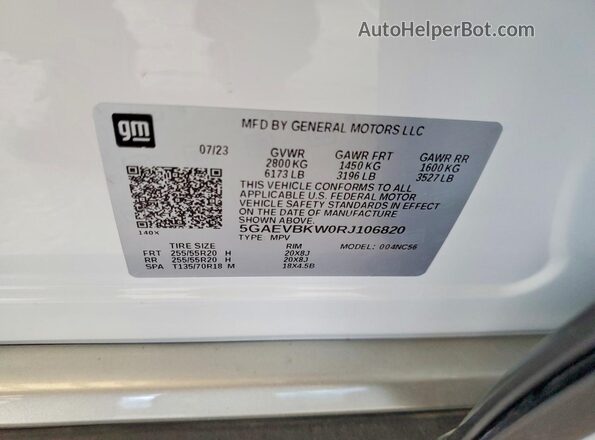 5GAEVBKW0RJ106820 2024 BUICK ENCLAVE White Widok naklejki z numerem VIN