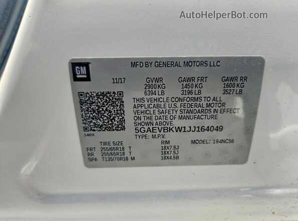5GAEVBKW1JJ164049 2018 BUICK ENCLAVE White VIN sticker view