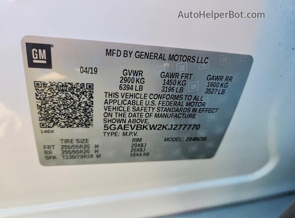 5GAEVBKW2KJ277770 2019 BUICK ENCLAVE White VIN sticker view