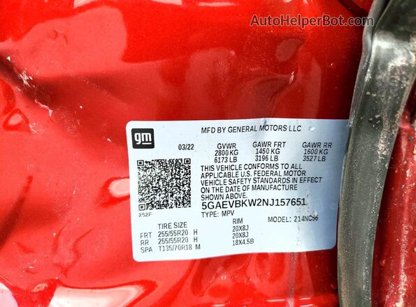 5GAEVBKW2NJ157651 2022 BUICK ENCLAVE Red Vista del compartimento del motor