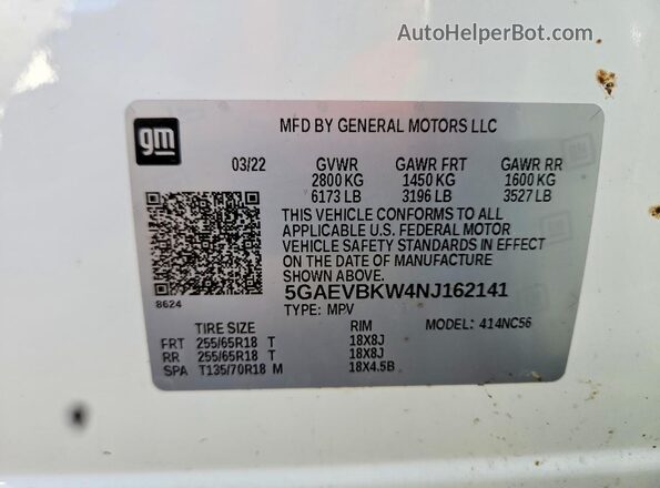 5GAEVBKW4NJ162141 2022 BUICK ENCLAVE White Вид наклейки з VIN-кодом