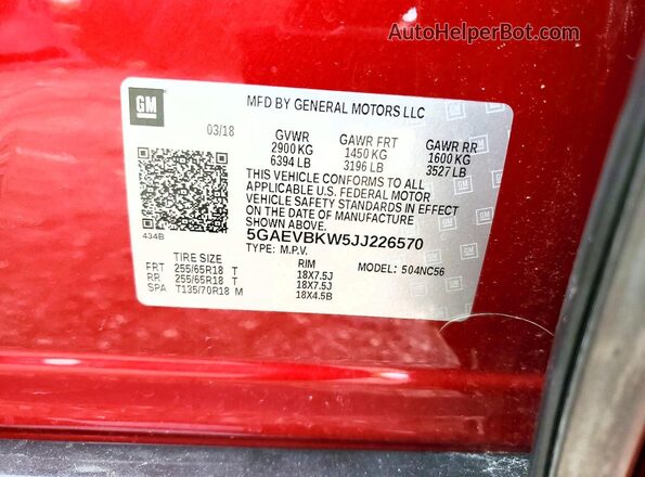 5GAEVBKW5JJ226570 2018 BUICK ENCLAVE Red VIN կոդի պիտակի տեսք