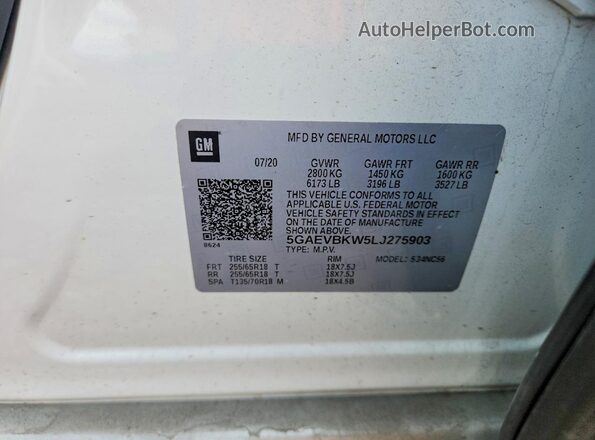5GAEVBKW5LJ275903 2020 BUICK ENCLAVE White Widok komory silnika