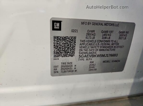 5GAEVBKW5MJ176693 2021 BUICK ENCLAVE White VIN կոդի պիտակի տեսք