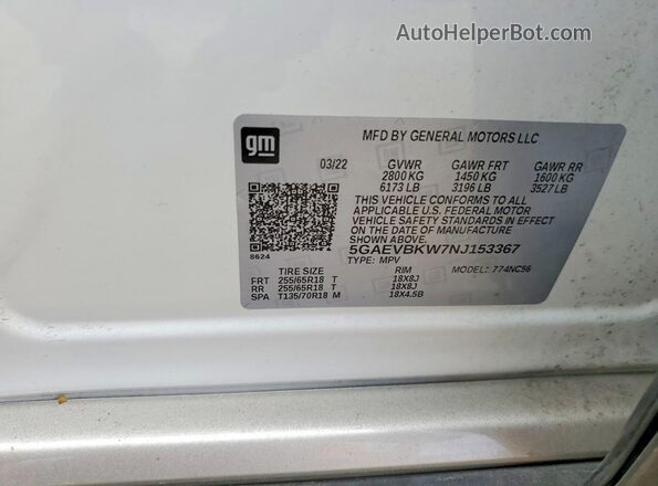 5GAEVBKW7NJ153367 2022 BUICK ENCLAVE White Widok naklejki z numerem VIN