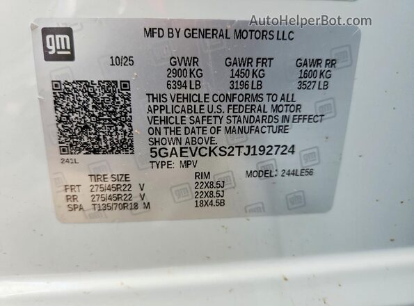5GAEVCKS2TJ192724 2026 BUICK ENCLAVE White VIN կոդի պիտակի տեսք