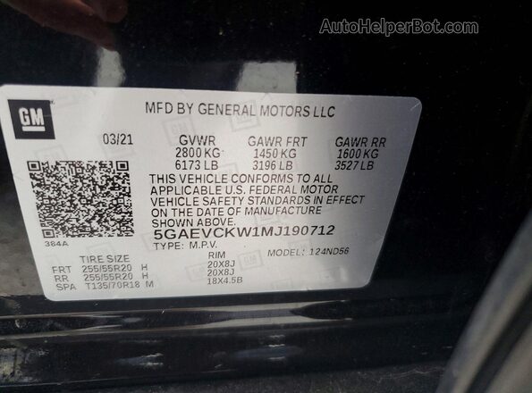 5GAEVCKW1MJ190712 2021 BUICK ENCLAVE Black VIN sticker view
