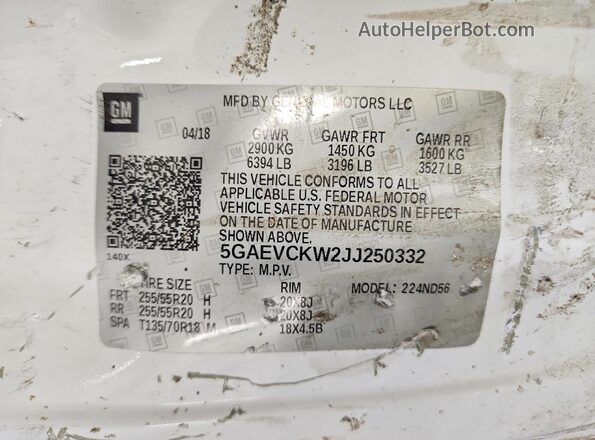 5GAEVCKW2JJ250332 2018 BUICK ENCLAVE White Widok wnętrza 360 stopni