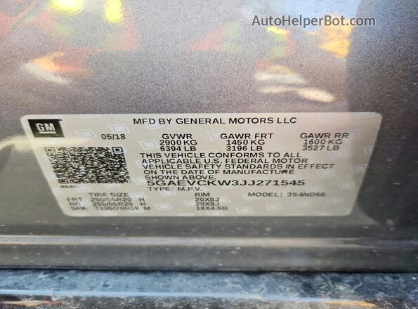 5GAEVCKW3JJ271545 2018 BUICK ENCLAVE Blue VIN կոդի պիտակի տեսք