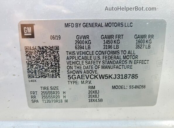 5GAEVCKW5KJ318785 2019 BUICK ENCLAVE White Vista de la etiqueta del VIN