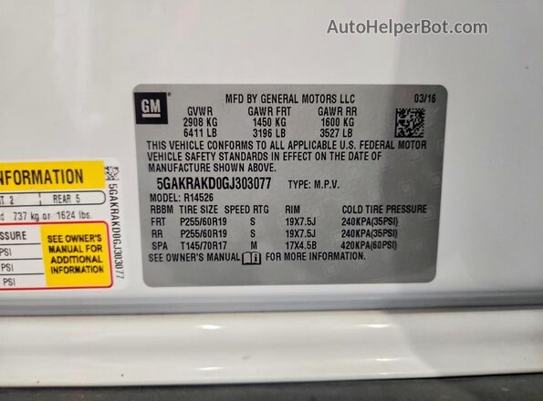 5GAKRAKD0GJ303077 2016 BUICK ENCLAVE White Vista de la etiqueta del VIN