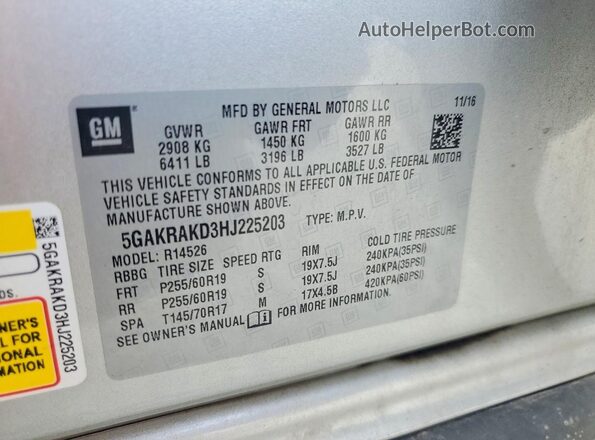 5GAKRAKD3HJ225203 2017 BUICK ENCLAVE Серебряный Вид наклейки с VIN-кодом