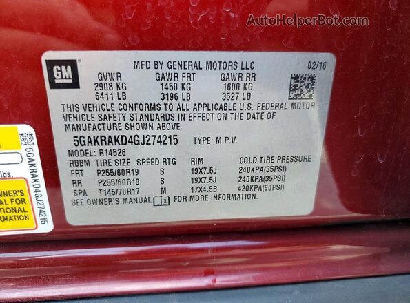 5GAKRAKD4GJ274215 2016 BUICK ENCLAVE Бордовый Панорамный вид салона 360°