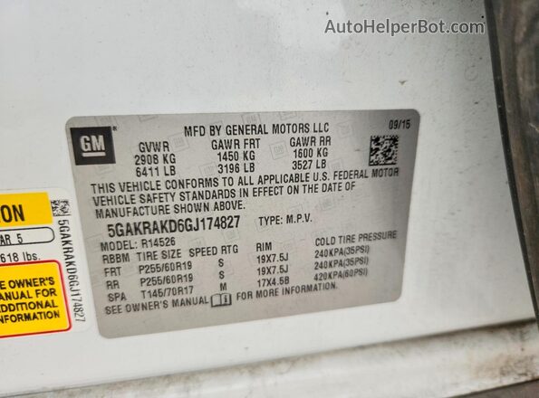 5GAKRAKD6GJ174827 2016 BUICK ENCLAVE Белый Вид наклейки с VIN-кодом