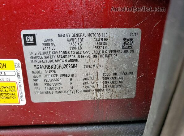 5GAKRBKD0HJ262604 2017 BUICK ENCLAVE Burgundy Widok naklejki z numerem VIN