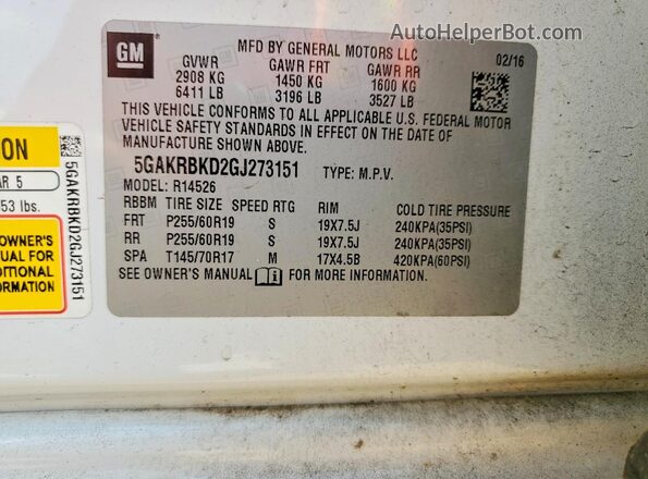 5GAKRBKD2GJ273151 2016 BUICK ENCLAVE White VIN sticker view