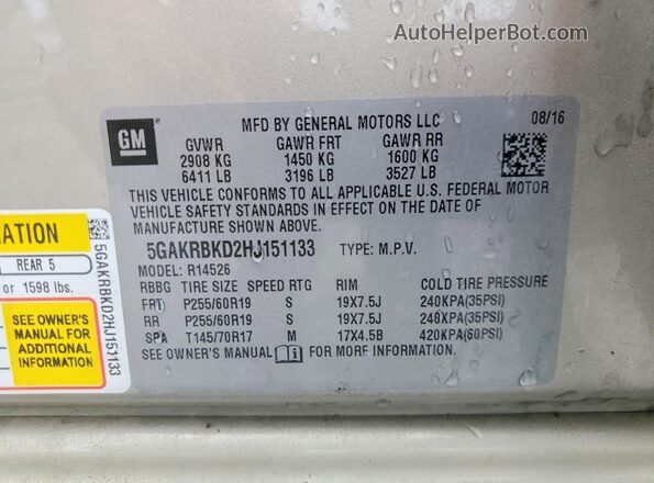 5GAKRBKD2HJ151133 2017 BUICK ENCLAVE Beige Vista interior de 360 grados
