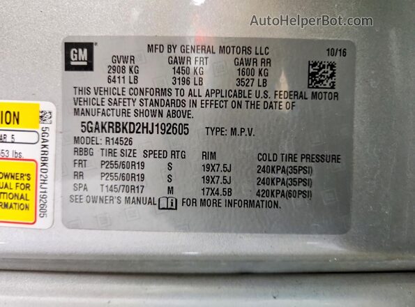 5GAKRBKD2HJ192605 2017 BUICK ENCLAVE Silver VIN կոդի պիտակի տեսք