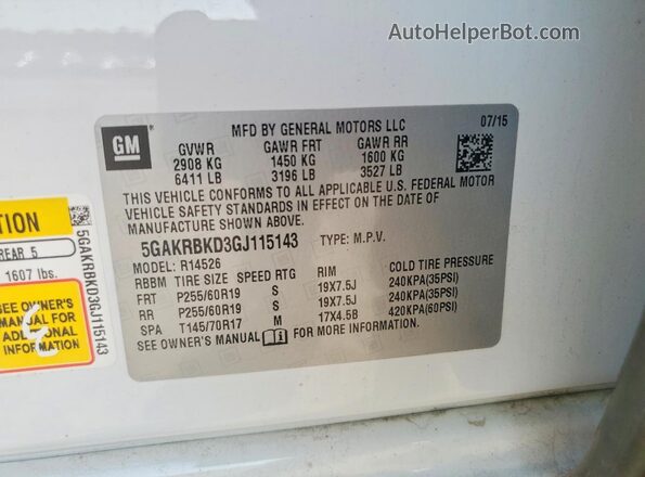 5GAKRBKD3GJ115143 2016 BUICK ENCLAVE White VIN կոդի պիտակի տեսք