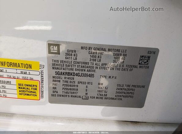 5GAKRBKD4GJ309485 2016 BUICK ENCLAVE White Vista del compartimento del motor