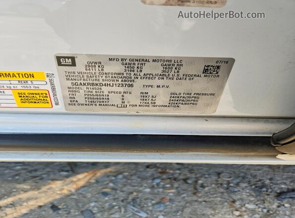 5GAKRBKD4HJ123706 2017 BUICK ENCLAVE Белый Вид наклейки с VIN-кодом